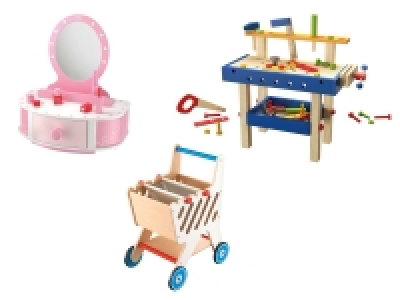 Lidl Playtive Playtive Schminktisch, Einkaufswagen, Werkbank, aus Echtholz