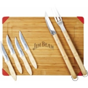Jim Beam Holzschneidebrett mit Steakmessern und Tranchier-Set