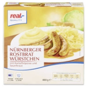 Nürnberger Rostbrat-Würstchen mit Kartoffelpüree und Sauerkraut