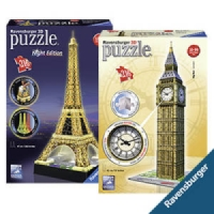 3D-Puzzle Big Ben mit Uhr oder Eifelturm bei Nacht