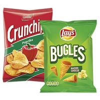 Real  Crunchips, Lay´s Bugles Maishörnchen oder Lorenz Erdnuß Locken