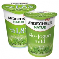 Real  Andechser Natur Bio-Jogurt, mild, 0,1/1,8/3,8 % Fett, jeder 500-g-Bech