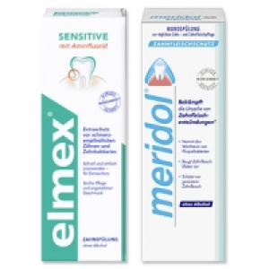elmex Sensitive Zahnspülung oder meridol Mundspülung jede 400-ml-Packu 4.49 €