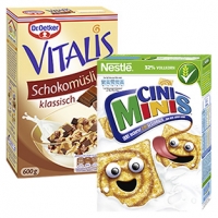 Real  Nestlé Cerealien Cini Minis oder Dr. Oetker Vitalis Schoko Müsli, jede