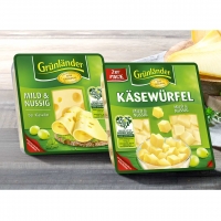 Real  Grünländer Scheiben oder Käsewürfel Deutscher Schnittkäse 48 % Fett i.