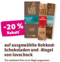 Denns Lovechock -20% Rabatt auf ausgewählte Rohkost-Schokoladen und -Riegel von lovech