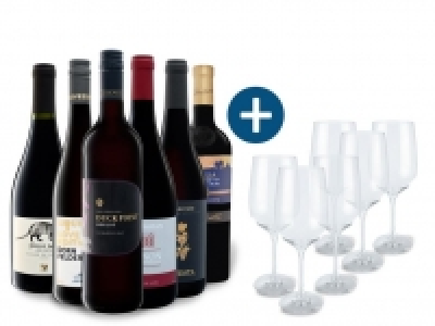 6 x 0,75-l-Flasche Weinpaket Rote Vielfalt mit 6er Rotwein-Gläserset E 39.99 €