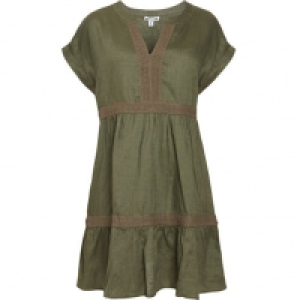 MANGUUN Kleid, midi, Kurzarm, Henleyausschnitt, Häkelspitze, Leinen, f