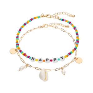 Accessories Fußketten-Set mit Perlen, Muschel-Motiv und Happy-Schriftzug