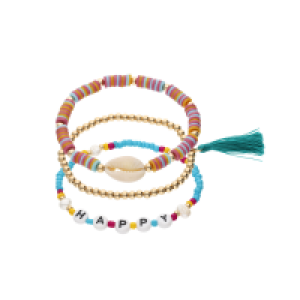 Accessories Set aus drei elastischen Armbändern mit Muschel, Perlen und Tassel