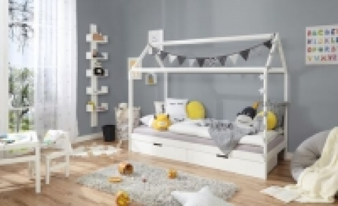 Ticaa Kinderbett Hausbett mit Schubkästen 90x200 cm Kiefer weiß